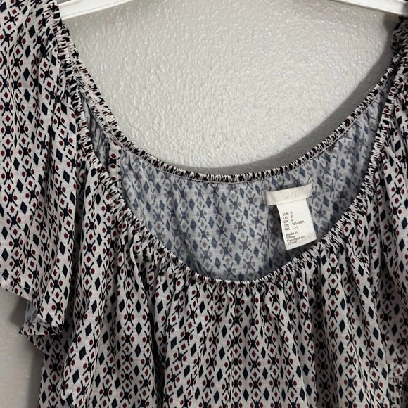 H&M Women Small Print Pleated Off Shoulder Blouse Ruffle Neck - Picture 4 of 8